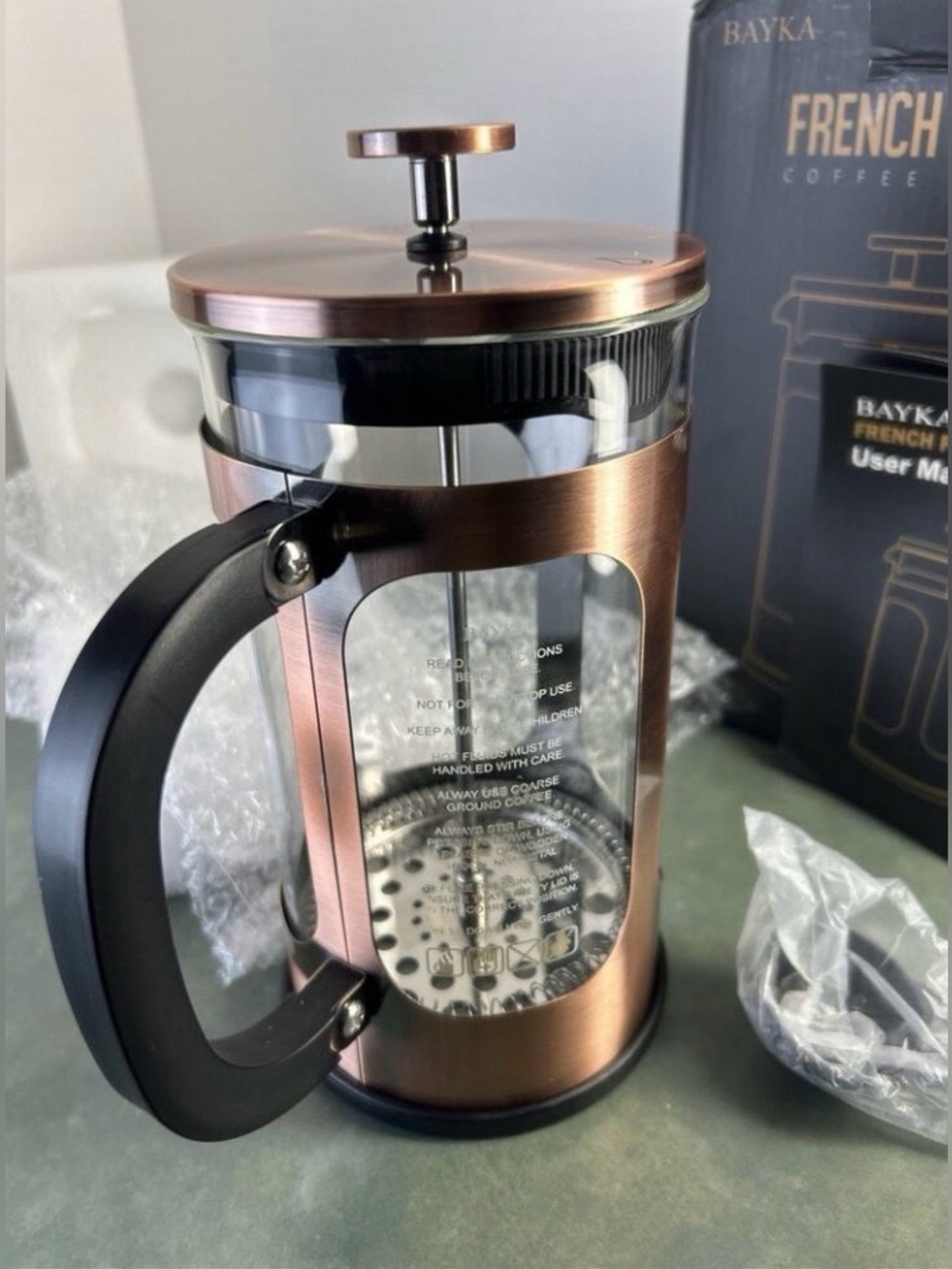 NEW BAYKA French Press Coffee Maker 34 oz, 304 Stainless Steel Glass & Copper